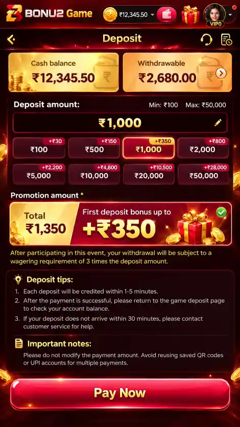 BONU2 Game deposit options screen
