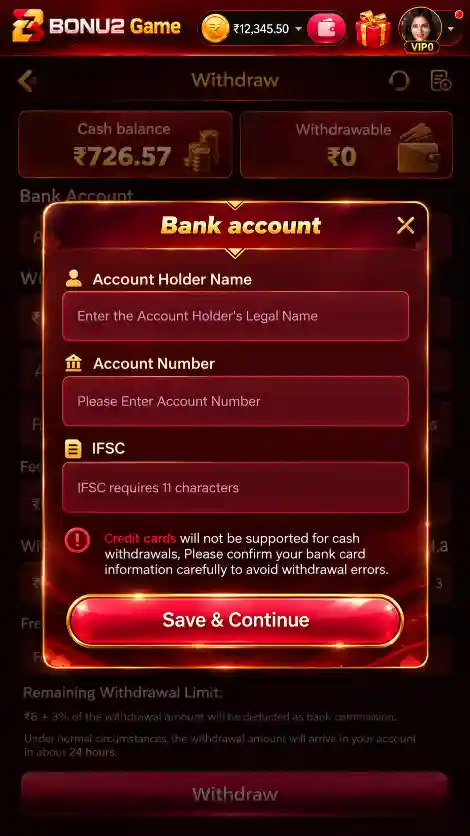BONU2 Game bank account settings interface