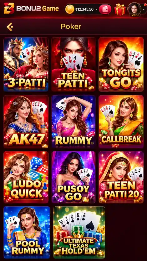 BONU2 Game poker and card game selection interface